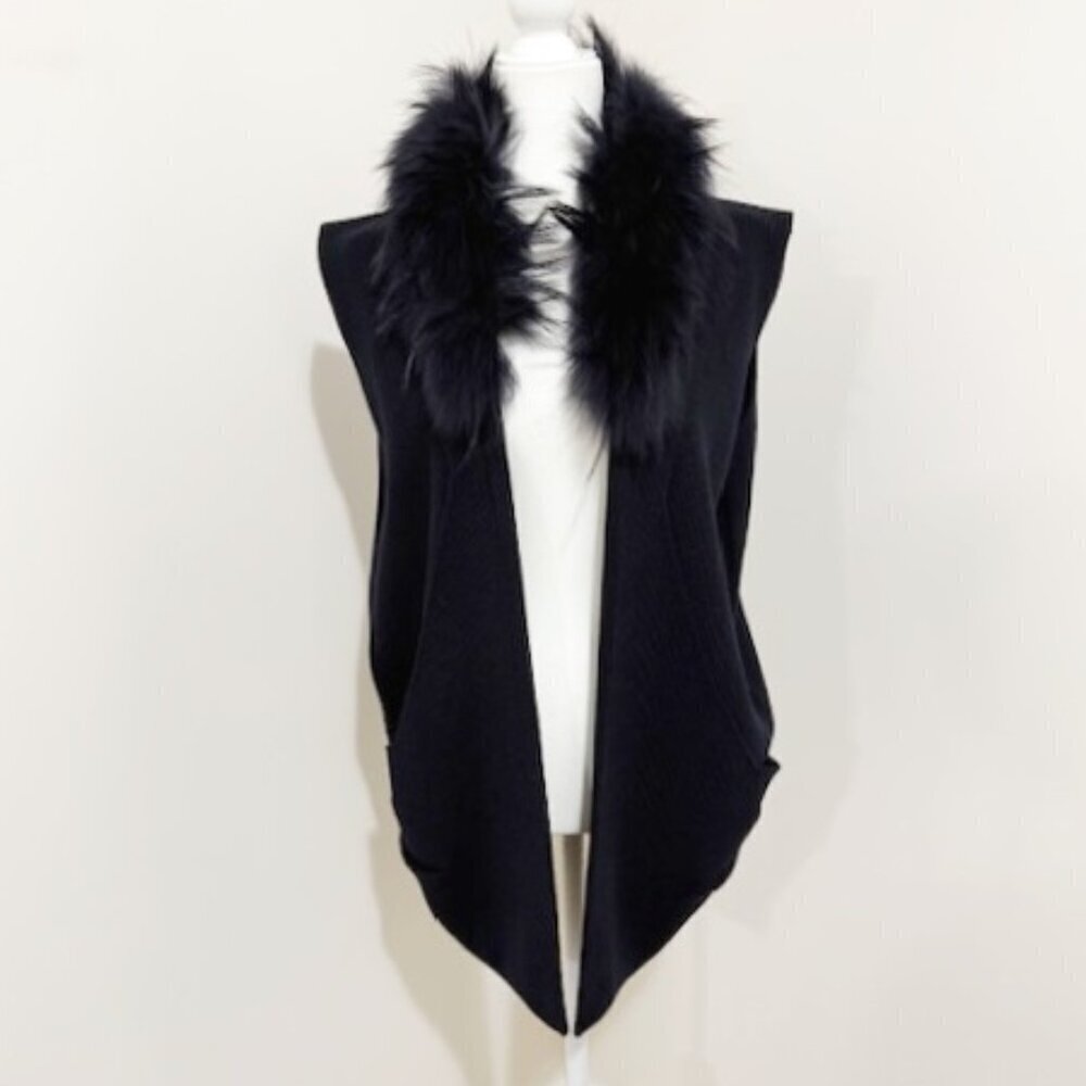 Dolce Cabo Blue Wool Blend Sweater Vest 100% Raccoon Fur Collar Size XL